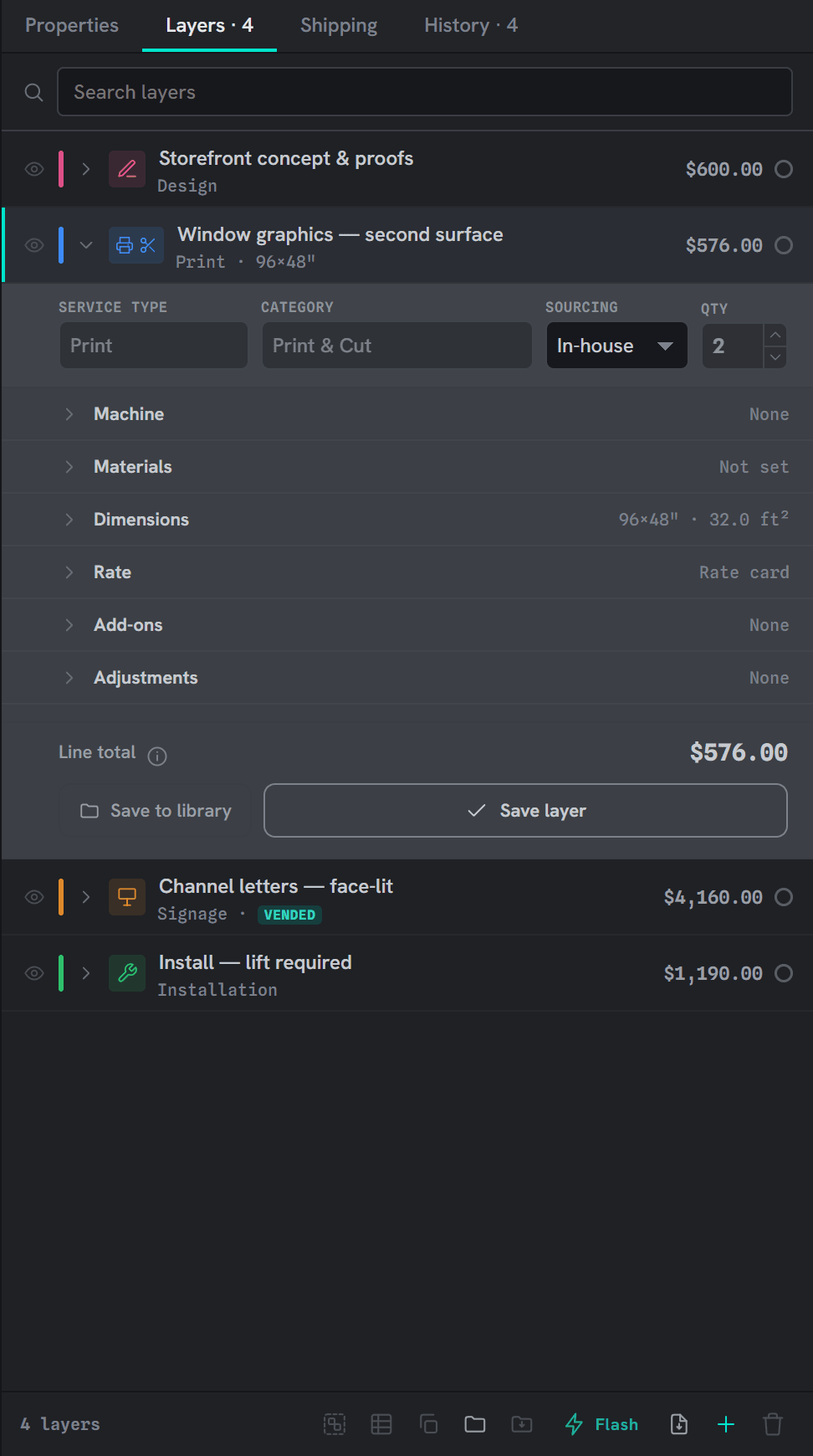 The layer builder, open on a print line